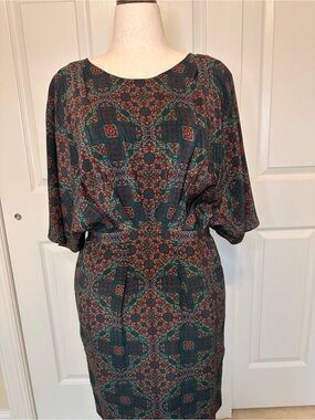 Nieves Lavi Silk Dress in Teal, Burgundy & Gold Print
